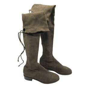Kaitlyn Pan Slim Fit Over The Knee Flat Heel Boots Olive Green Faux Suede US 9